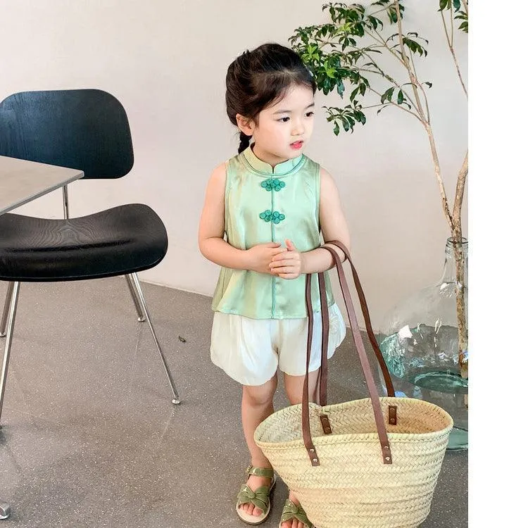 2 Pieces Set Baby Kid Girls Solid Color Tank Tops And Shorts