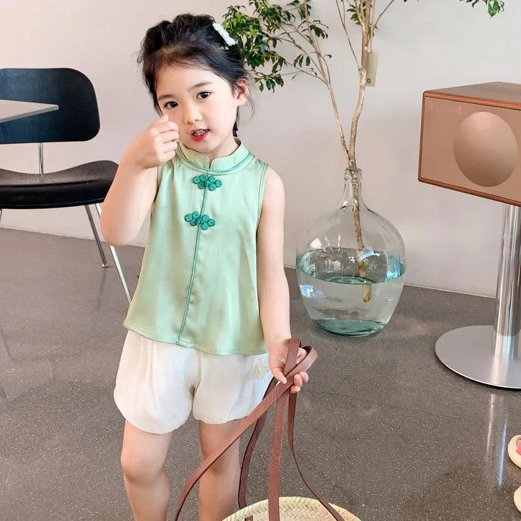 2 Pieces Set Baby Kid Girls Solid Color Tank Tops And Shorts