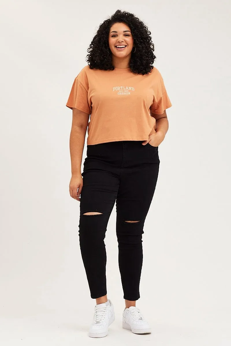 Beige Crop T-Shirt Portland Embroidered Cotton Semi