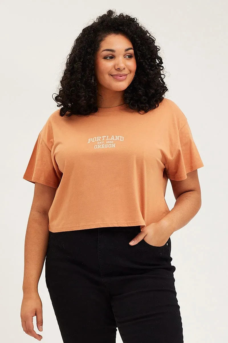 Beige Crop T-Shirt Portland Embroidered Cotton Semi