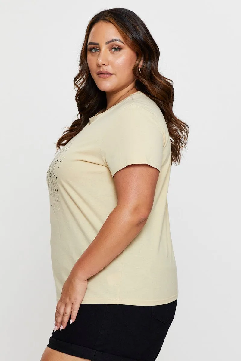 Beige Graphic T-Shirt Astrology Short Sleeve Cotton