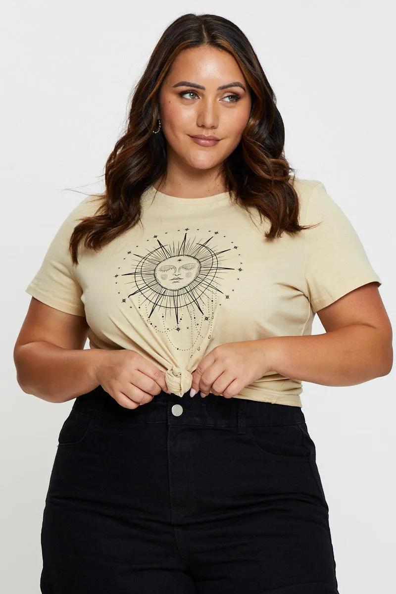 Beige Graphic T-Shirt Astrology Short Sleeve Cotton