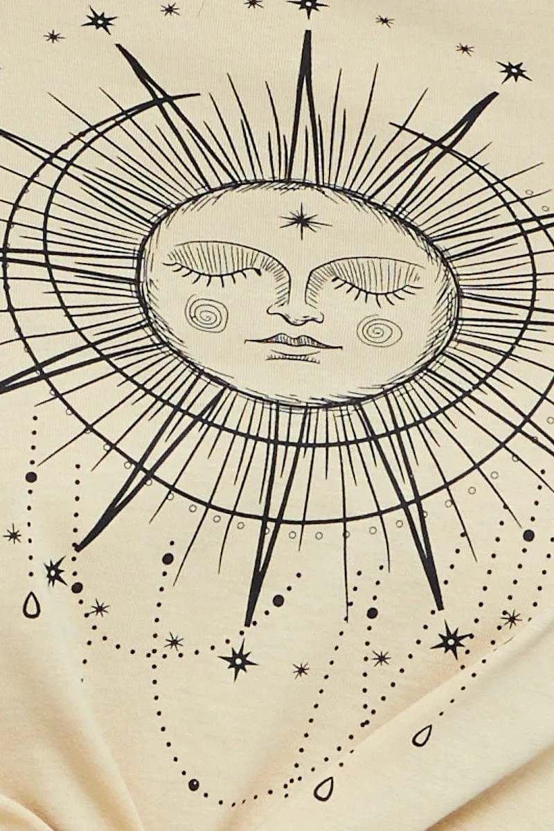 Beige Graphic T-Shirt Astrology Short Sleeve Cotton