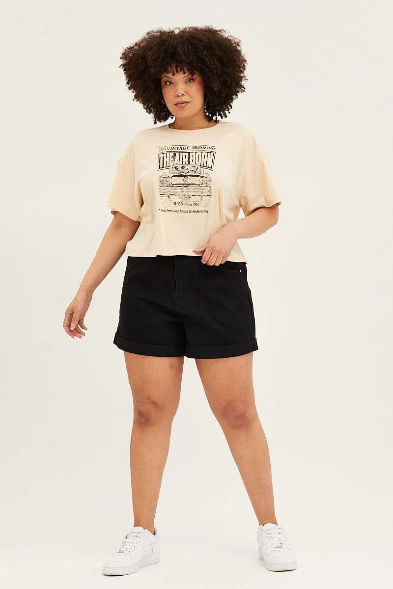 Beige Short Sleeve Graphic Crop T Shirt
