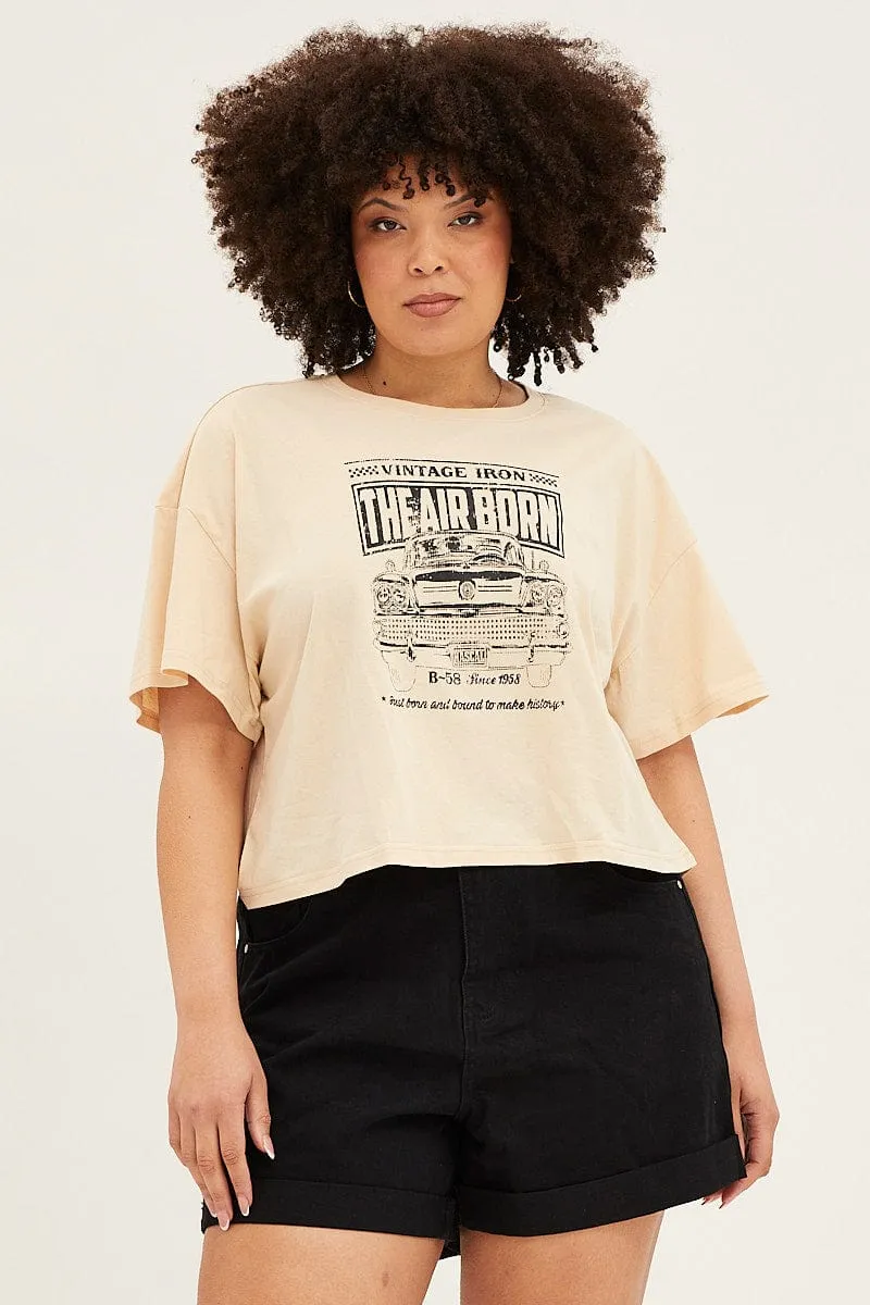 Beige Short Sleeve Graphic Crop T Shirt
