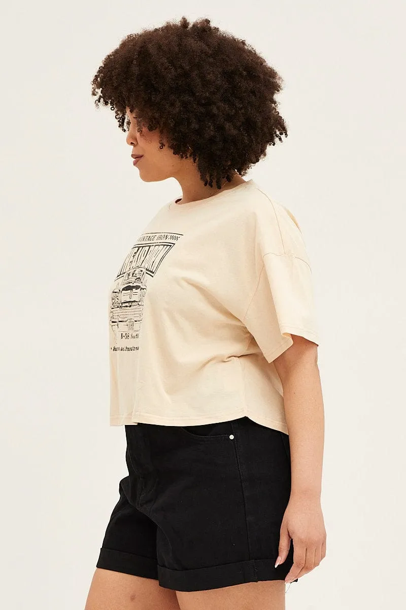 Beige Short Sleeve Graphic Crop T Shirt