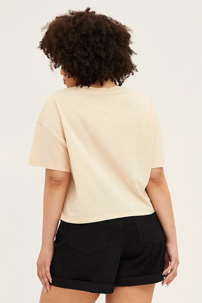 Beige Short Sleeve Graphic Crop T Shirt