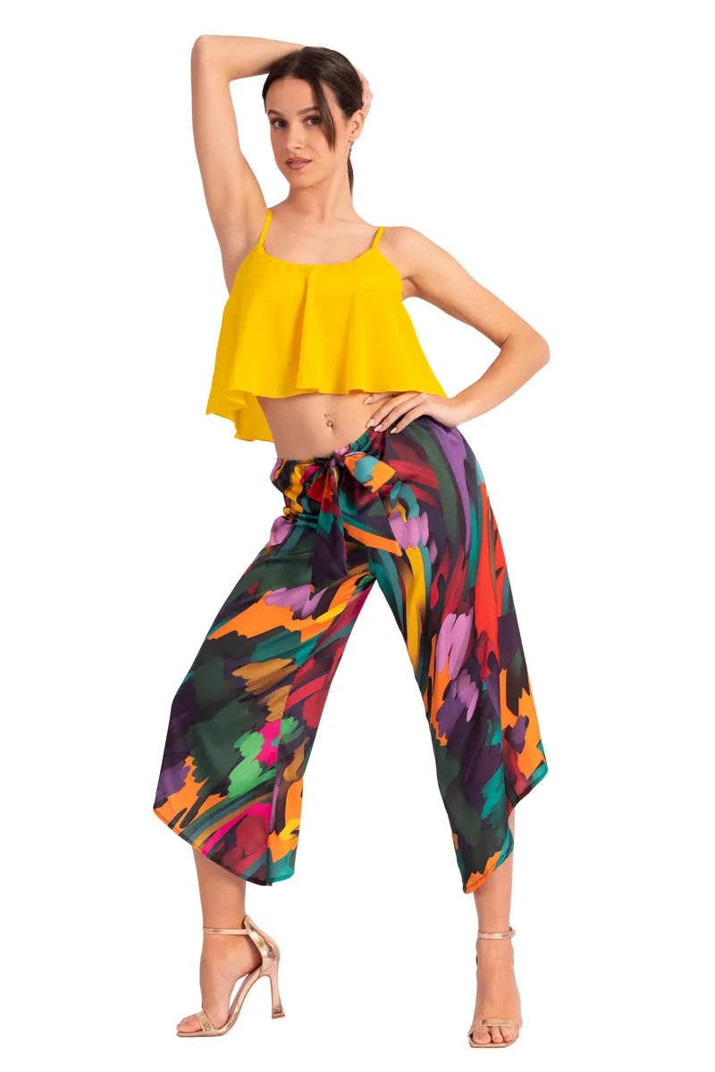 Colorful Waist Tie Asymmetric Cropped Tango Pants