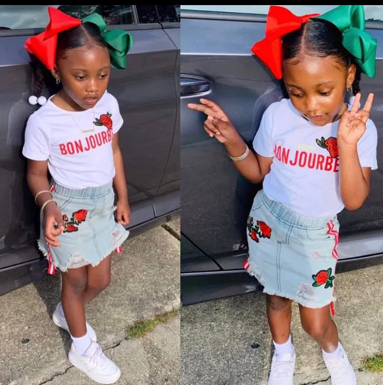 GIRLS TWO-PIECE "BONJOURBER" WHITE SHIRT WITH BLUE JEAN SKIRT