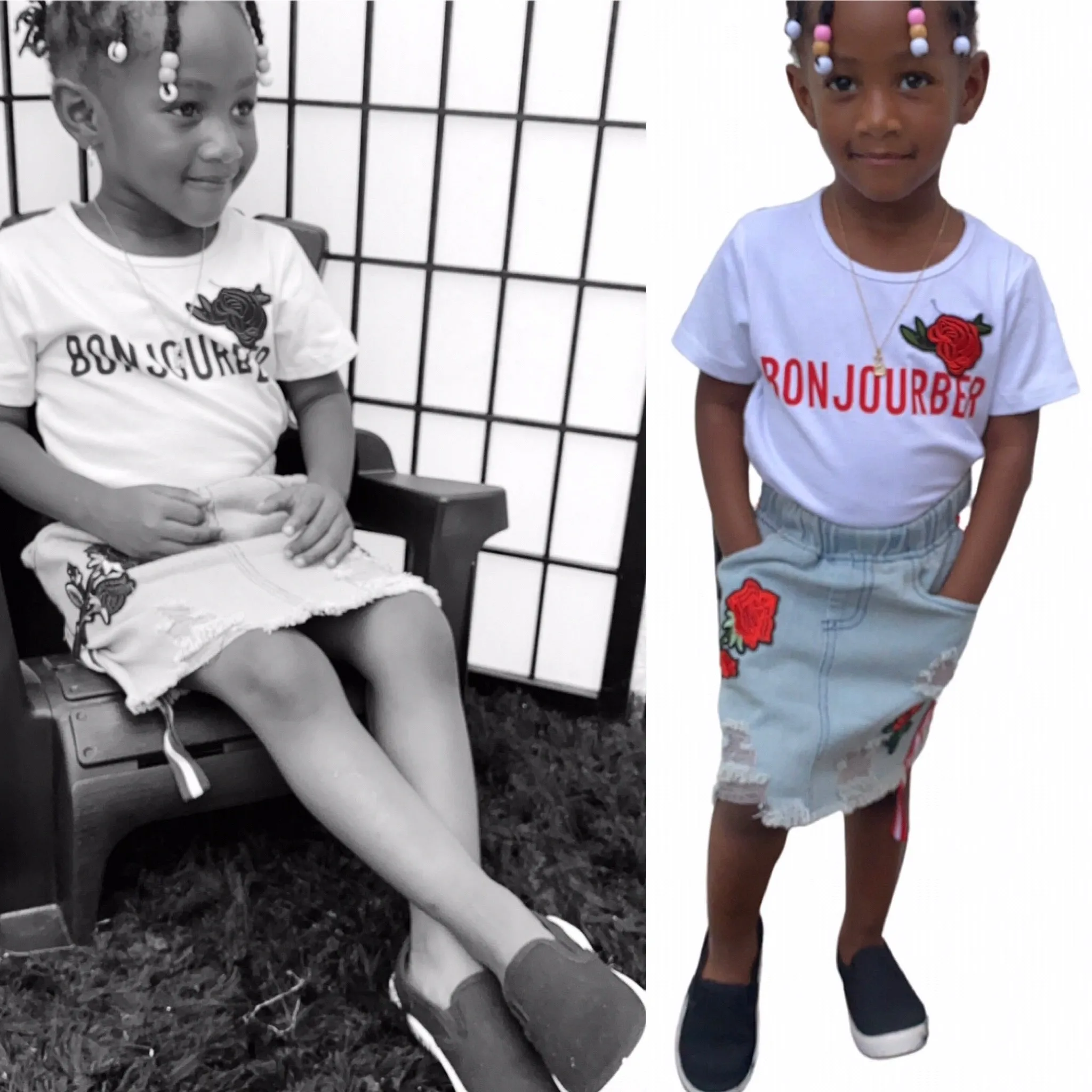GIRLS TWO-PIECE "BONJOURBER" WHITE SHIRT WITH BLUE JEAN SKIRT