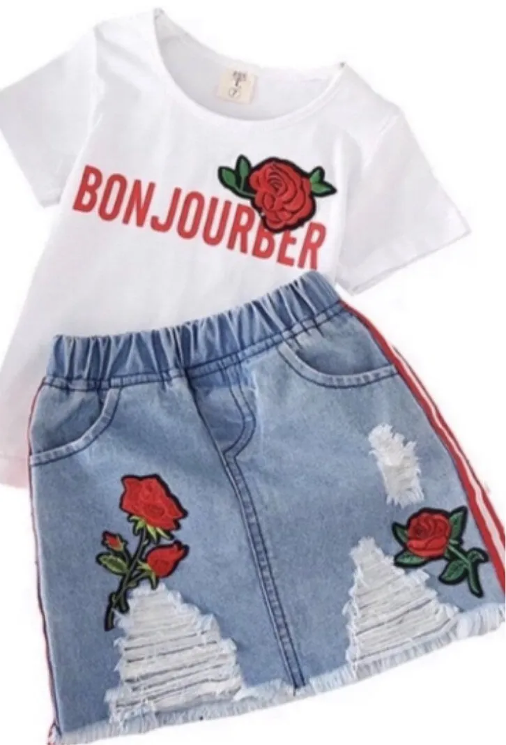 GIRLS TWO-PIECE "BONJOURBER" WHITE SHIRT WITH BLUE JEAN SKIRT