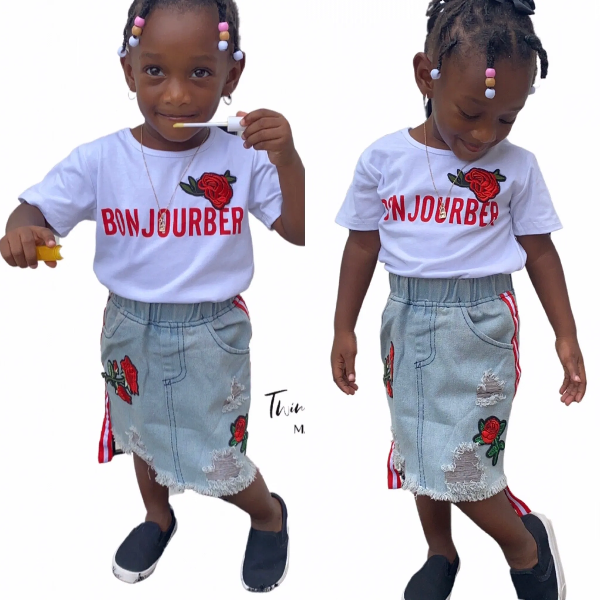 GIRLS TWO-PIECE "BONJOURBER" WHITE SHIRT WITH BLUE JEAN SKIRT