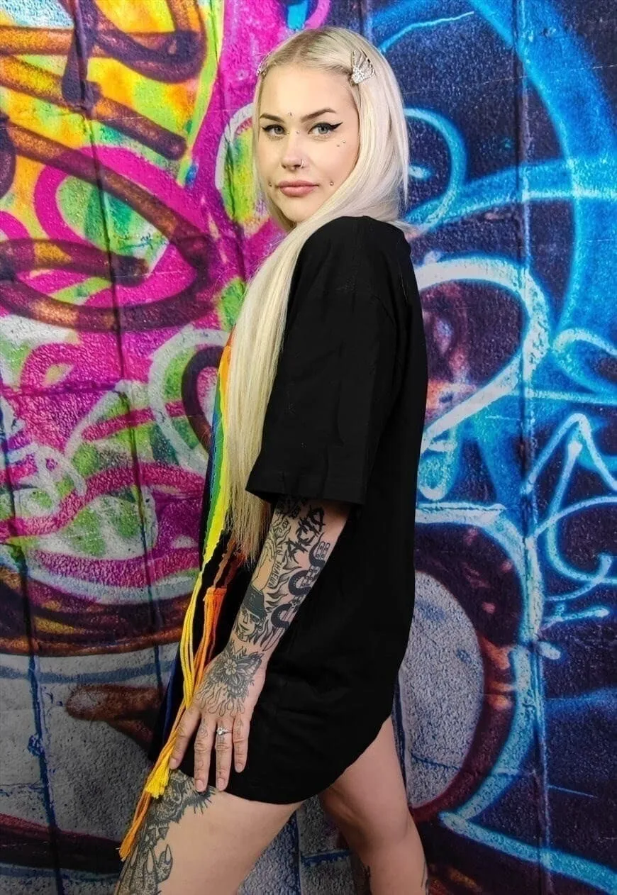 Rainbow t-shirt reworked rope top thread patch tee in black