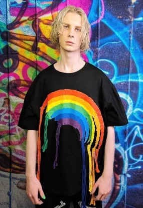 Rainbow t-shirt reworked rope top thread patch tee in black