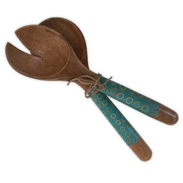 Turquoise Inlaid Mango Wood Salad Servers, Small