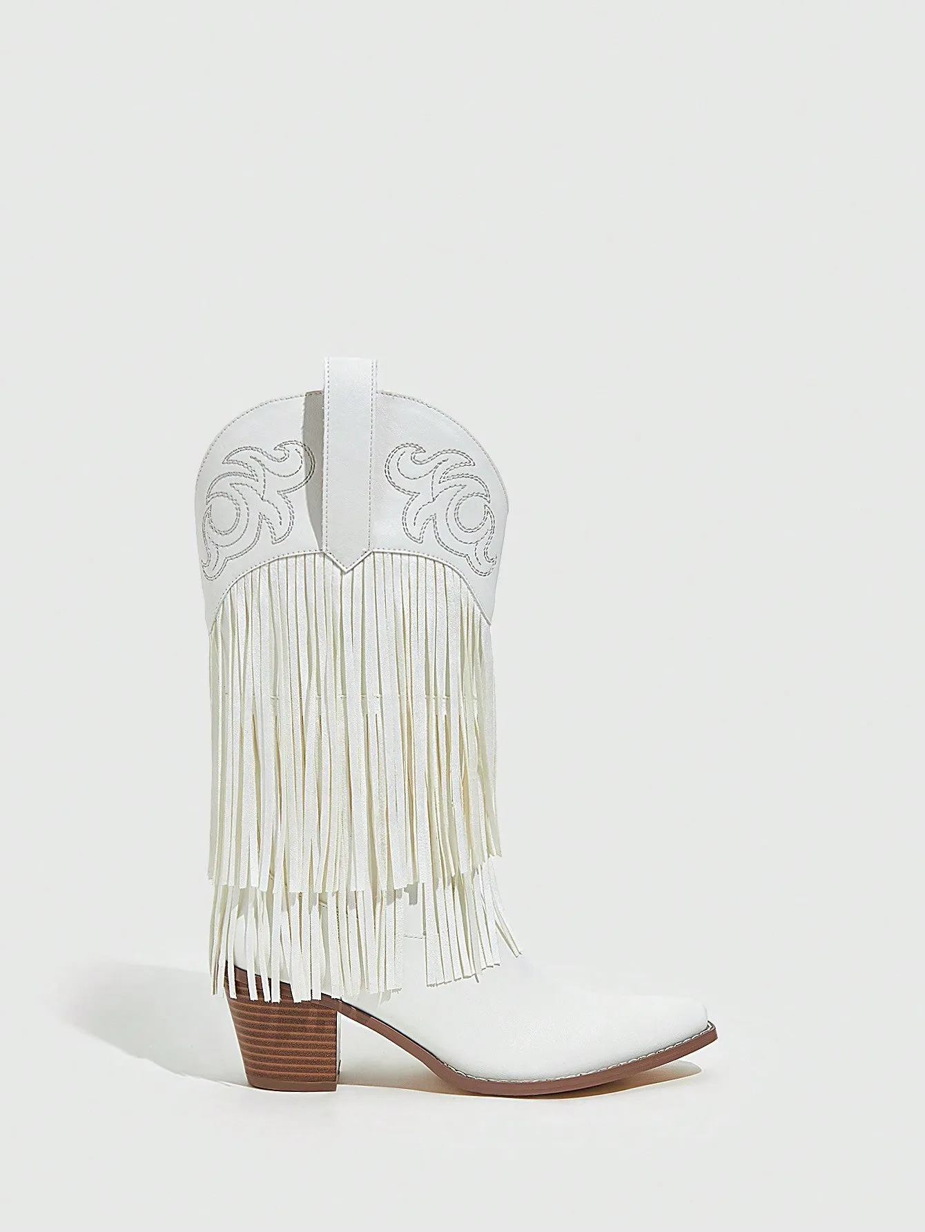 Women's Shoes Fashion Embroidery Tassels Design Pointed Toe White Thick Heel Western Boots
