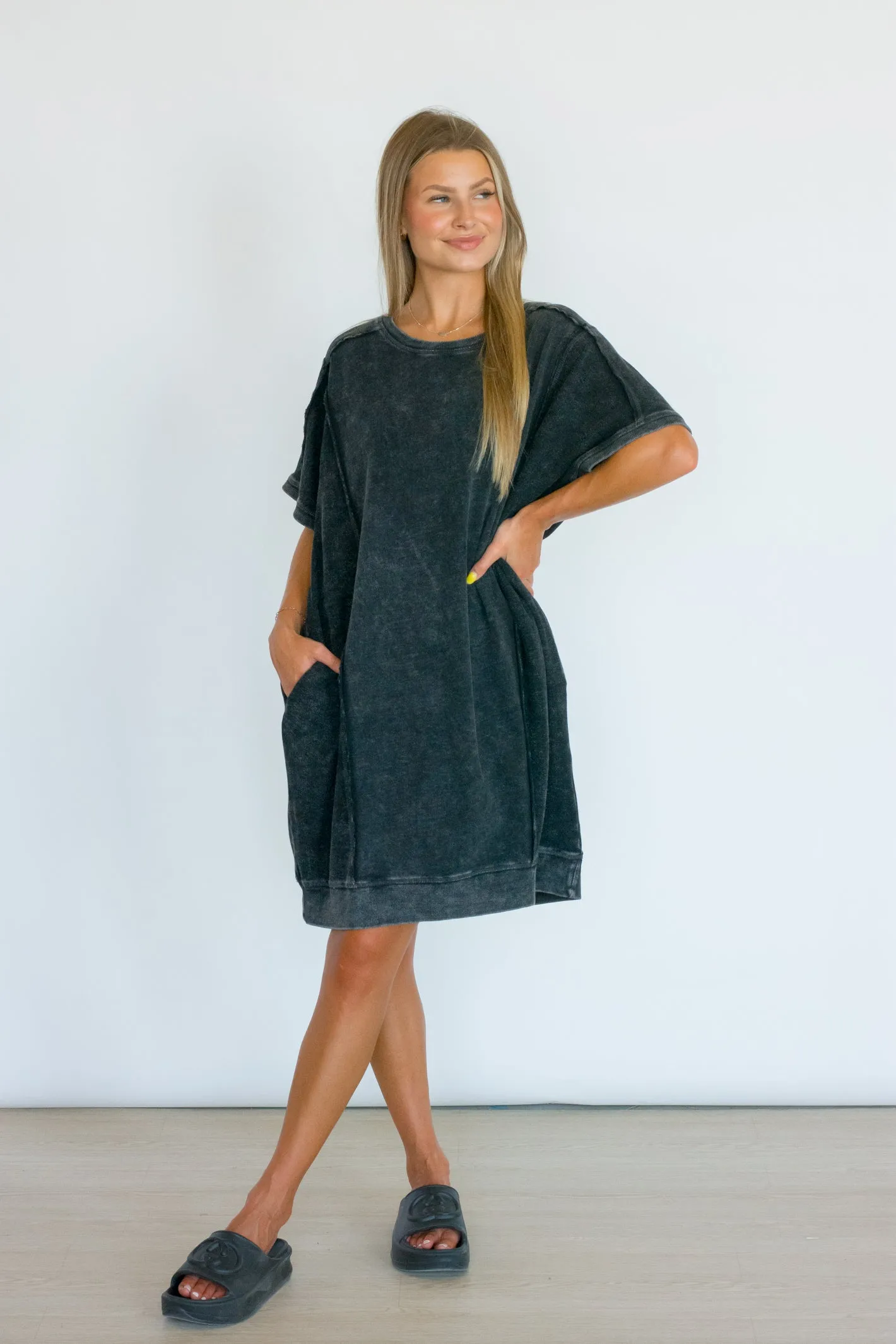 Wouldn't Miss It Black Mineral Wash T-Shirt Dress